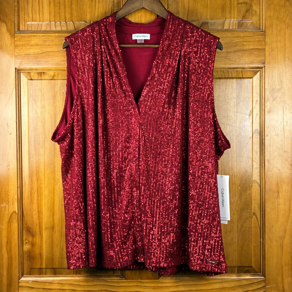NWT Calvin Klein Red Sequin V-Neck Sleeveless Top Plus Size 2X Holiday Party